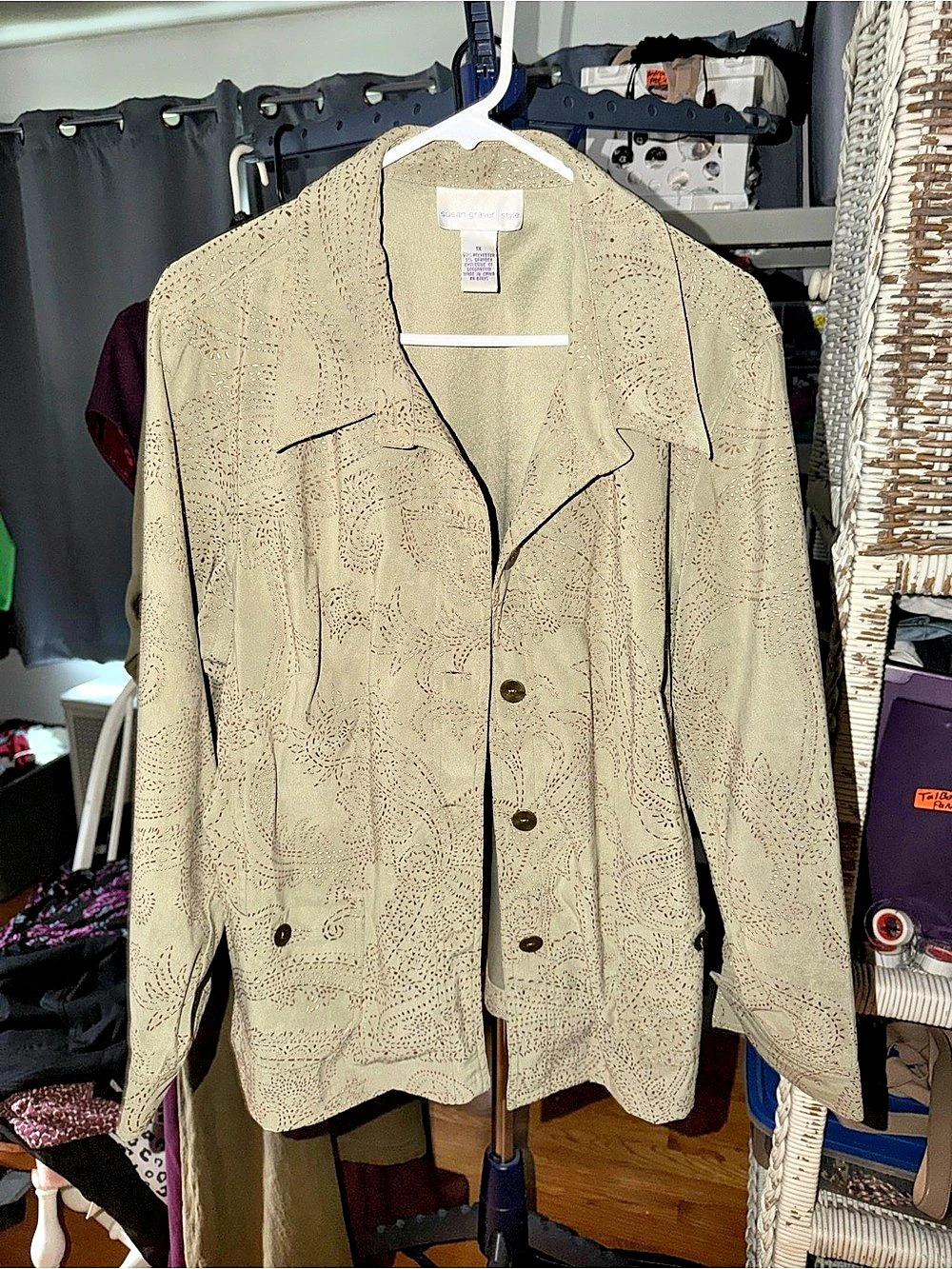 Susan Graver Style Paisley Blazer Green 1X